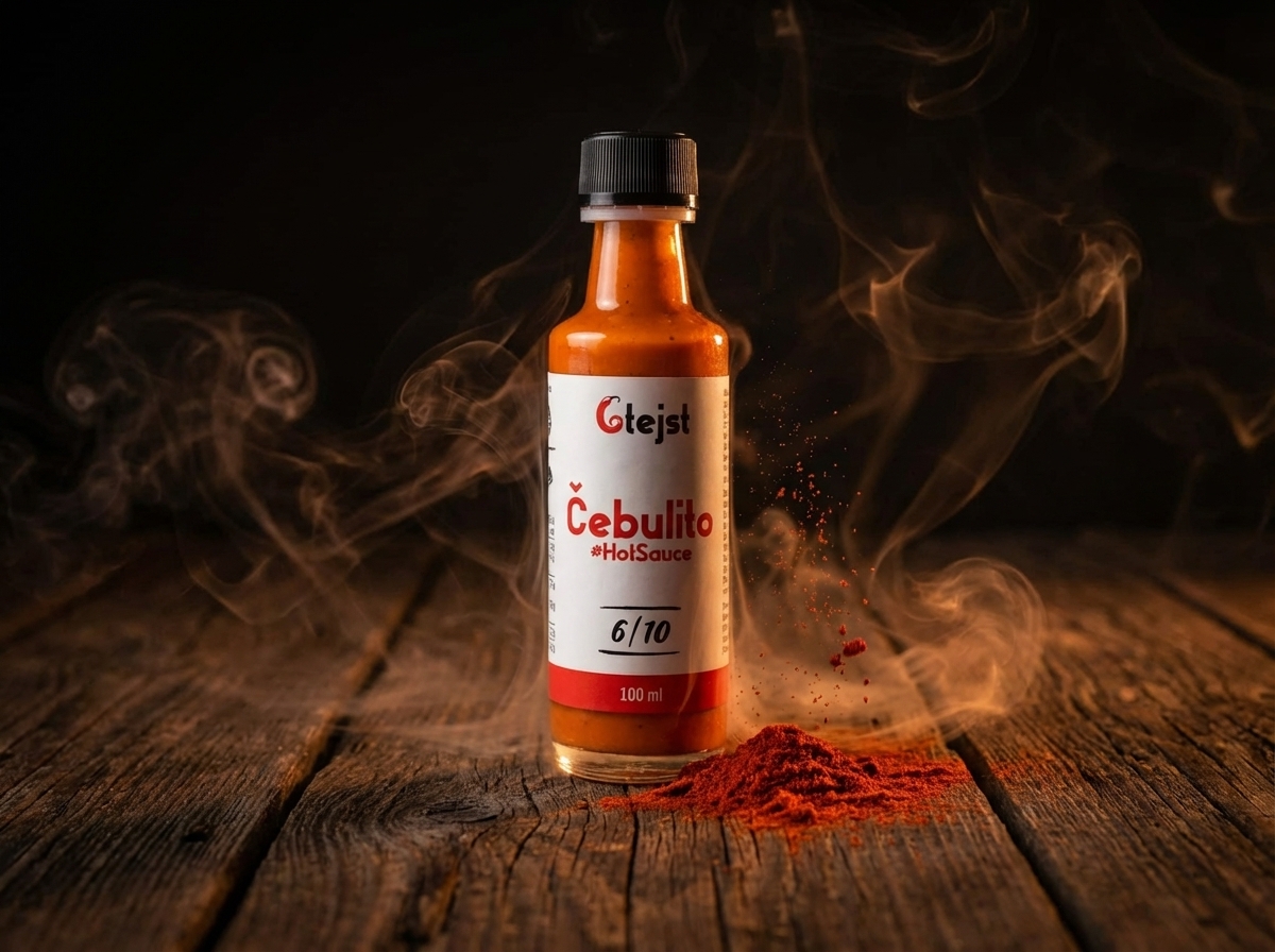 A bottle of Čebulito hot sauce on a dark rustic wooden table with swirling smoke and scattered smoked paprika powder.