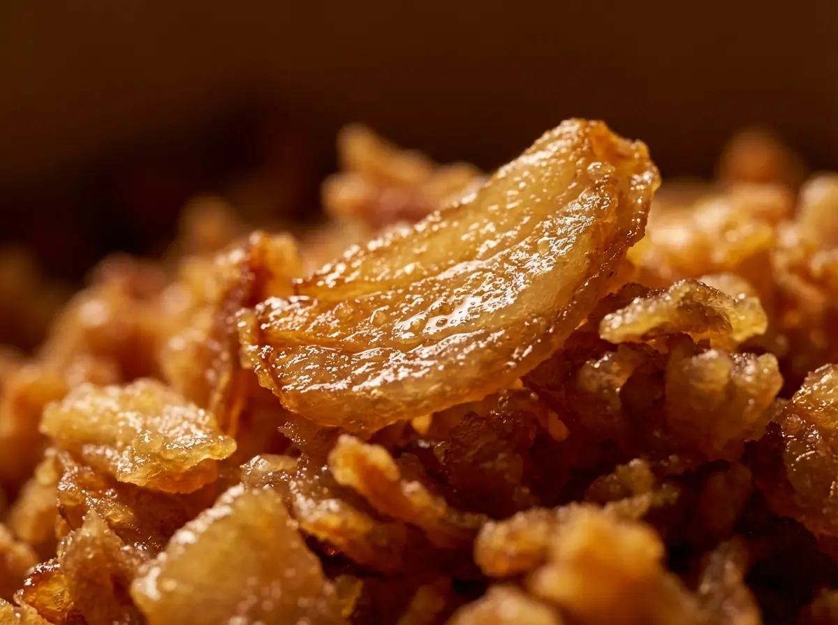 Extreme macro of golden crispy fried onions showing crunchy texture for Čebulito sauce.